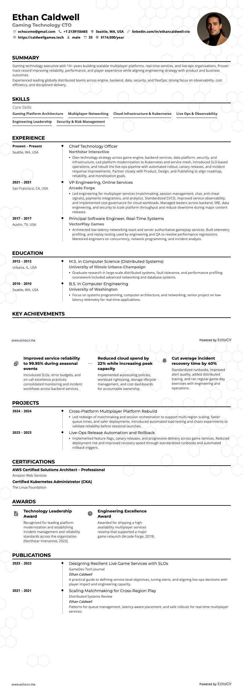Gaming Technology CTO example resume