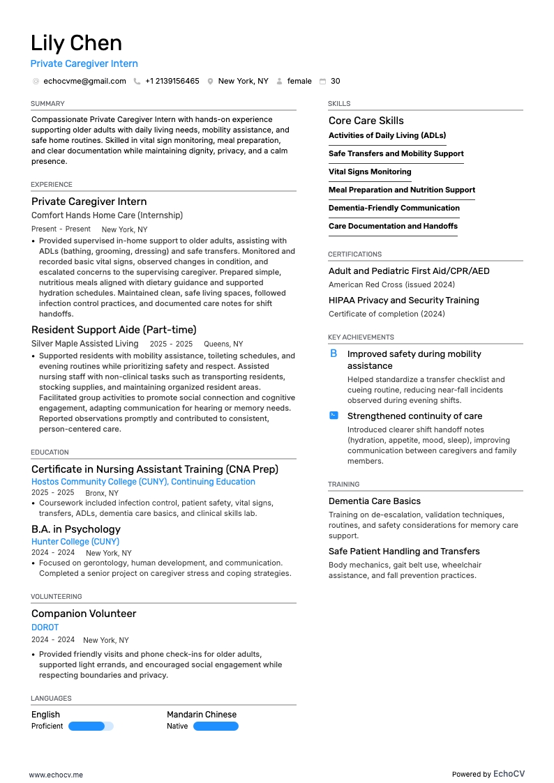 Tirocinante assistente familiare example resume