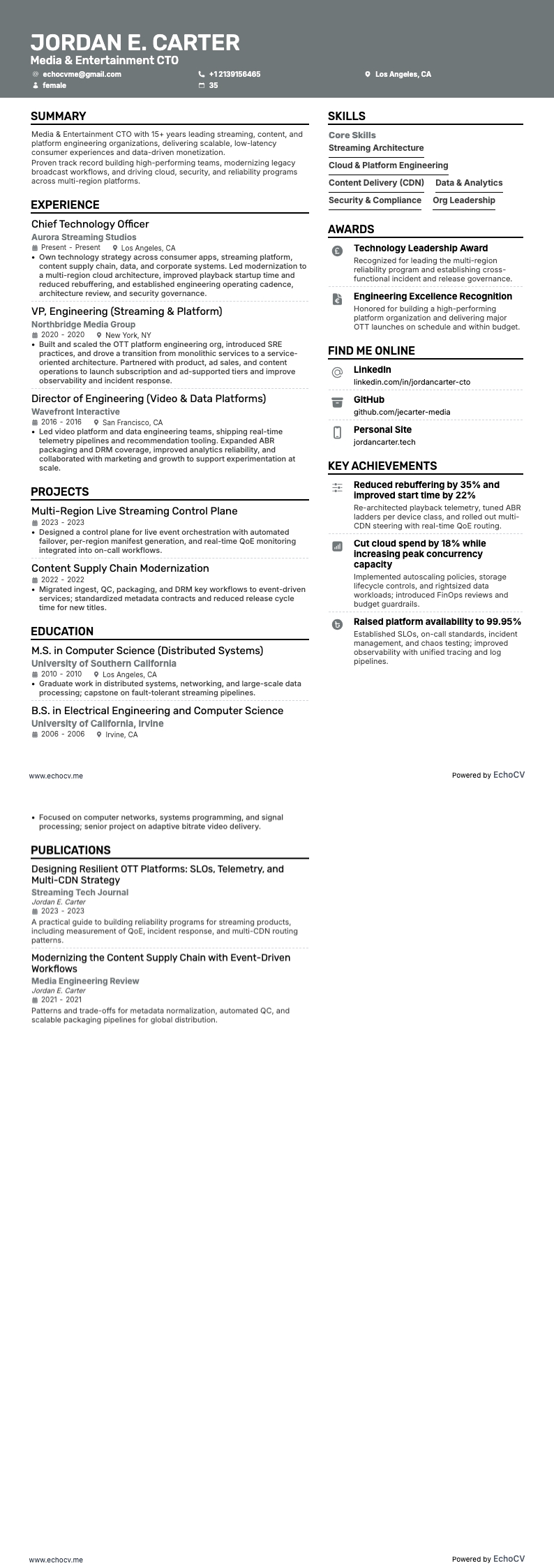 Media & Entertainment CTO example resume