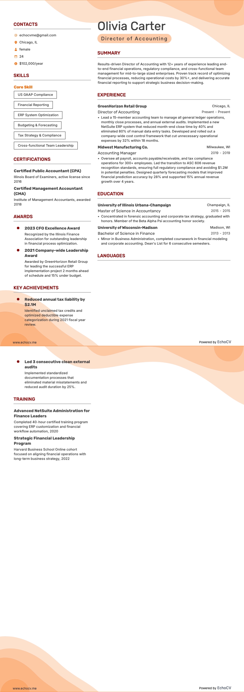 経理部長 example resume