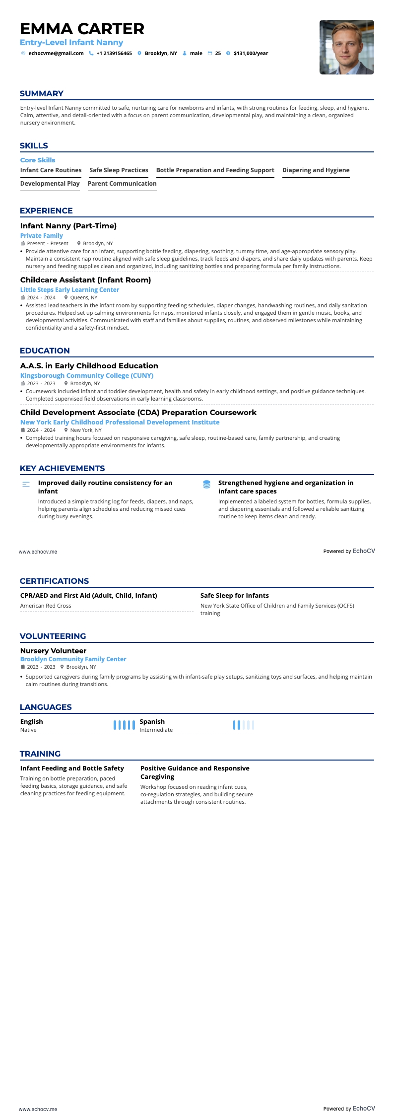 Beginnend nanny voor baby's resume example