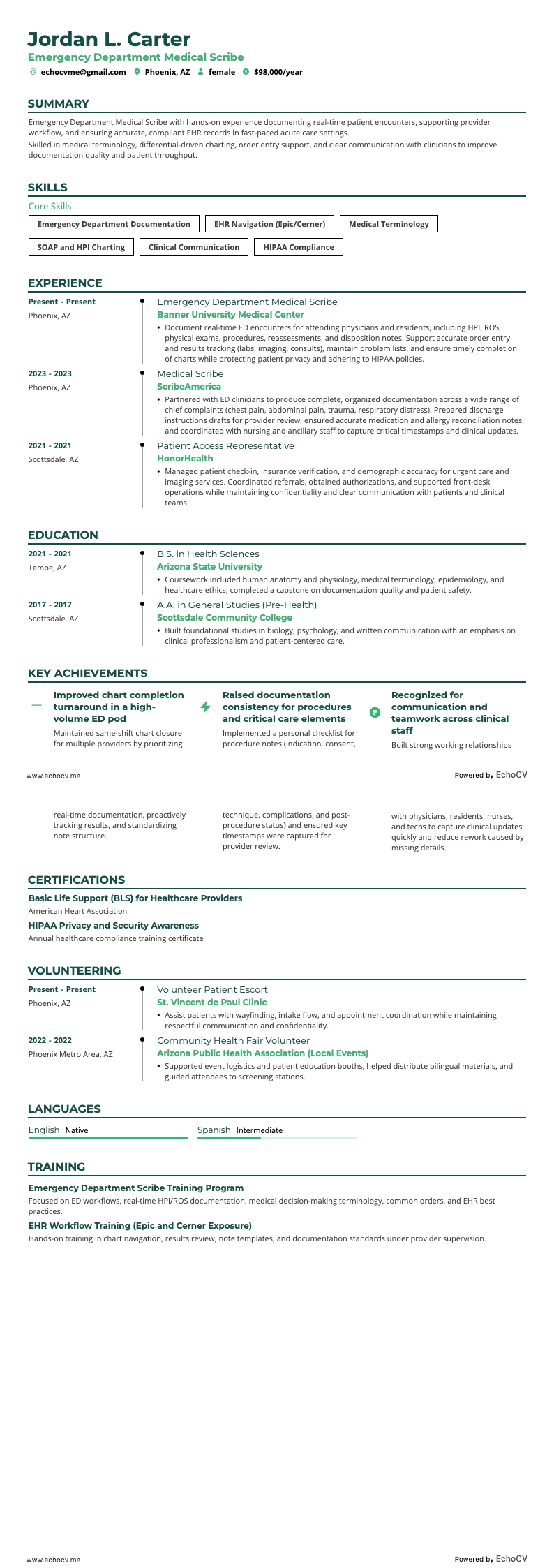 Escriba médico de urgencias example resume
