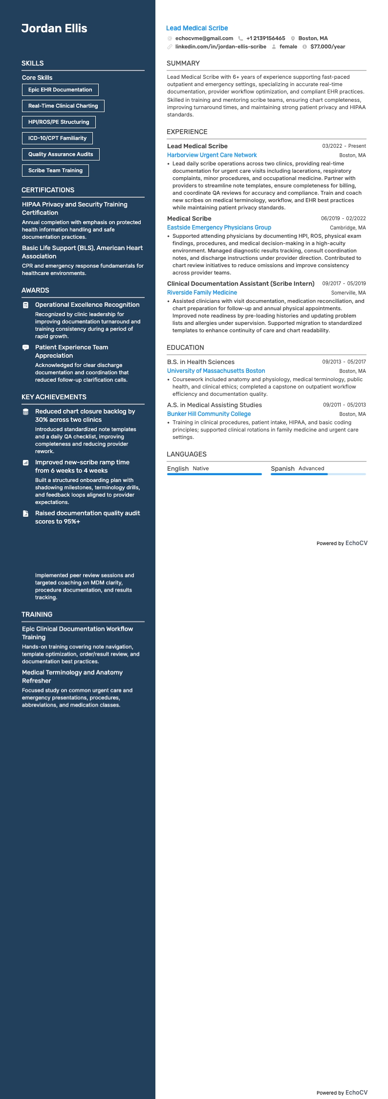 Escribano médico resume example