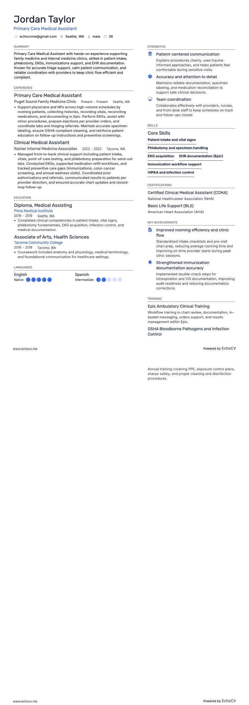 クリニカルメディカルアシスタント resume example
