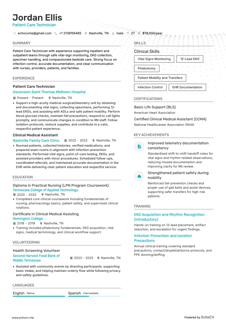 患者ケア技師 example resume