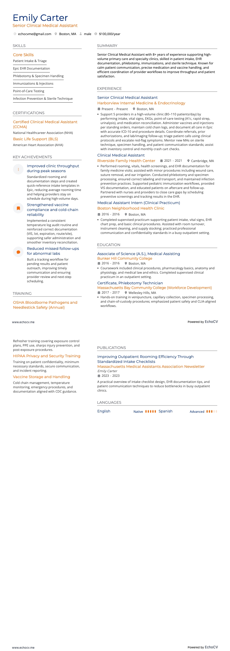 シニア臨床医療アシスタント example resume