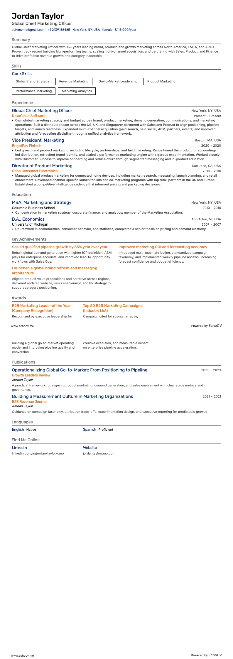 Chief Marketing Officer resume example