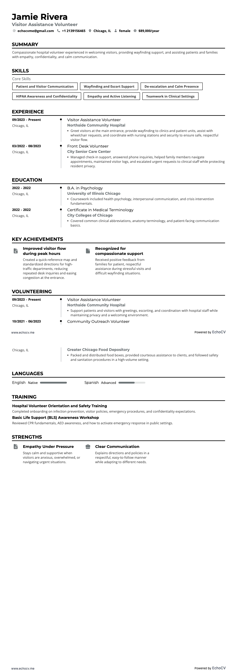 Voluntario de asistencia a visitantes example resume