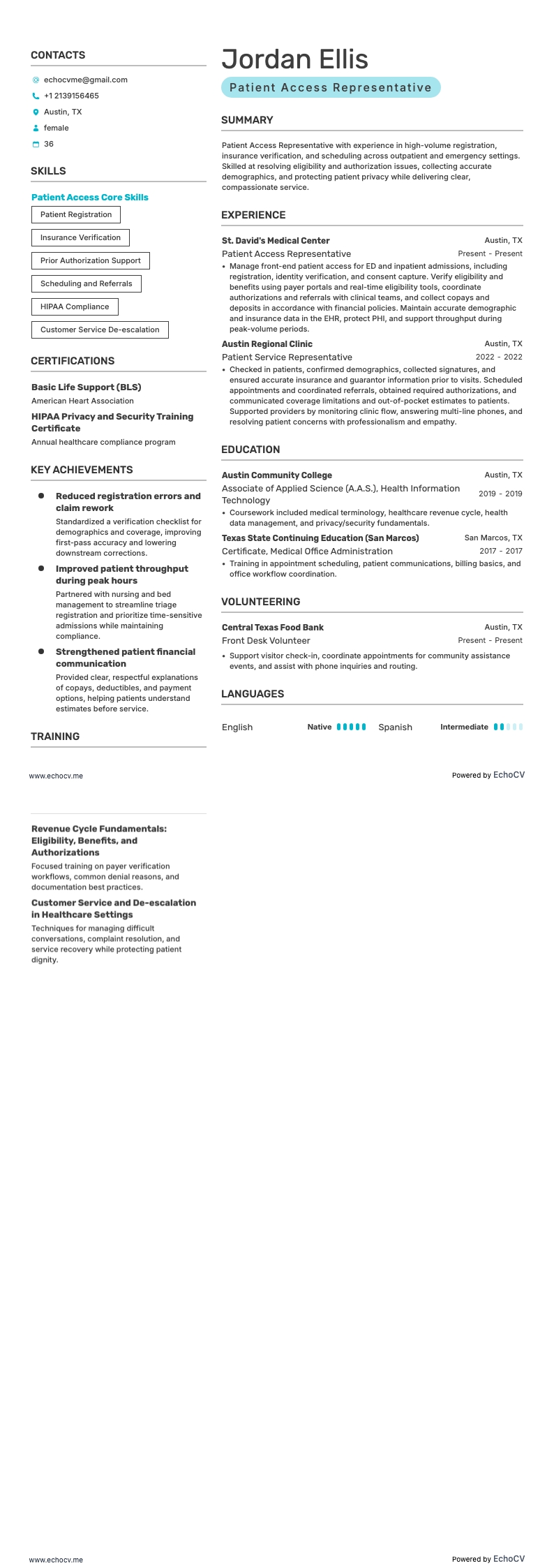 Patient Access Representative example resume
