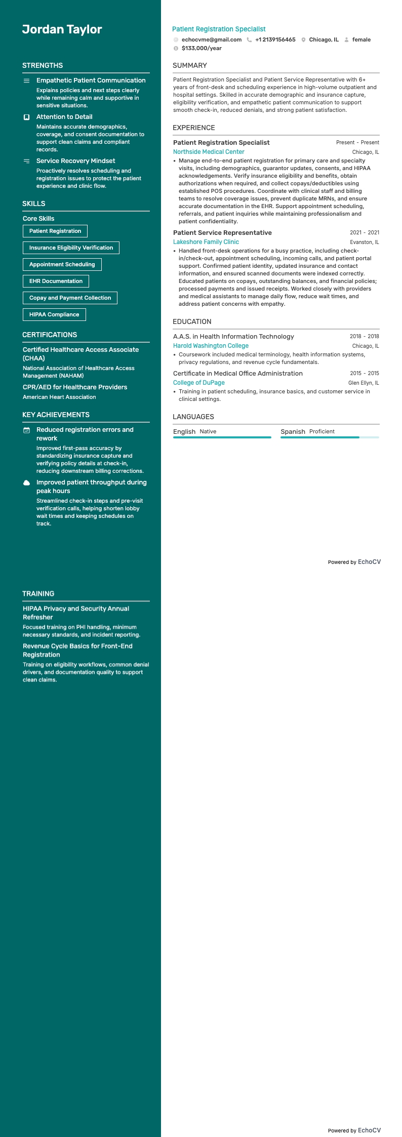 Patient Registration Specialist example resume