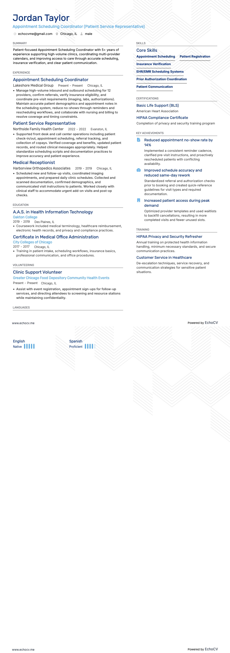 Appointment Scheduling Coordinator example resume