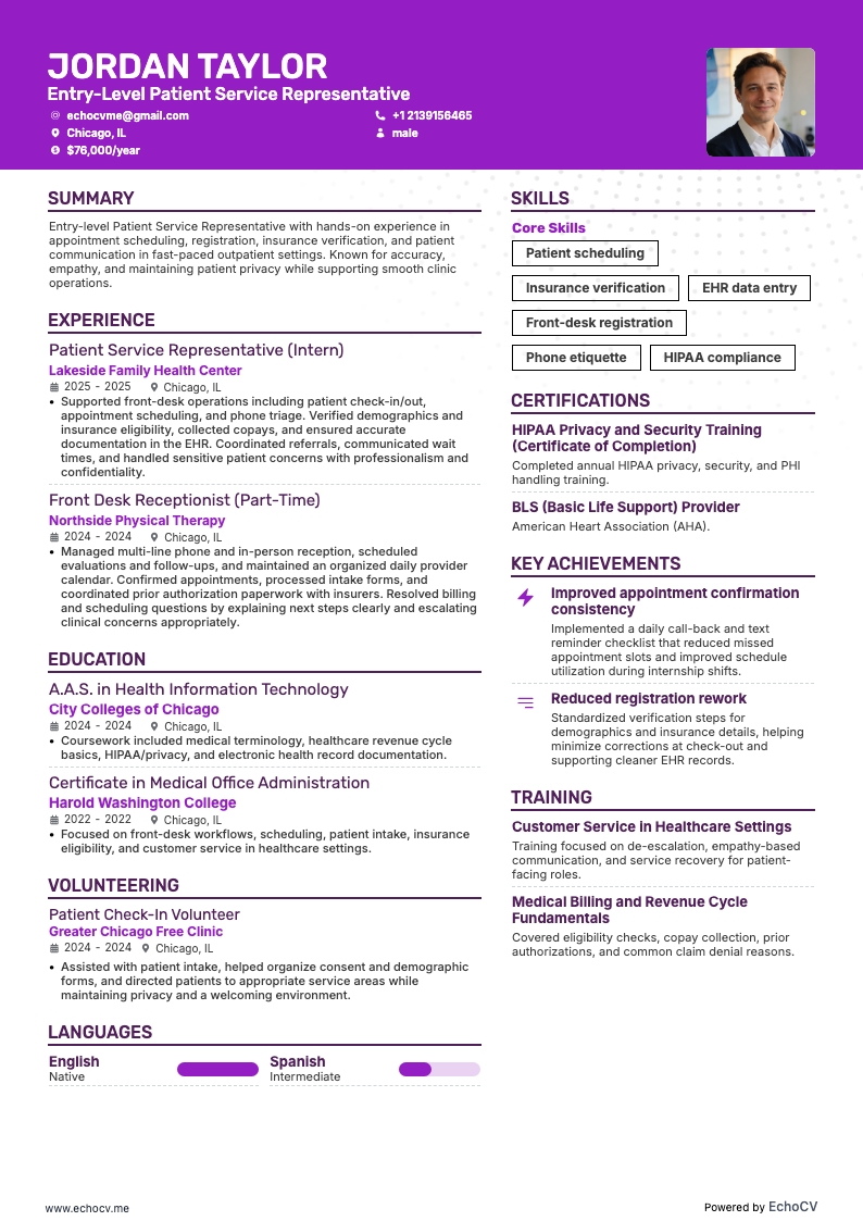 Entry-Level Patient Service Representative example resume
