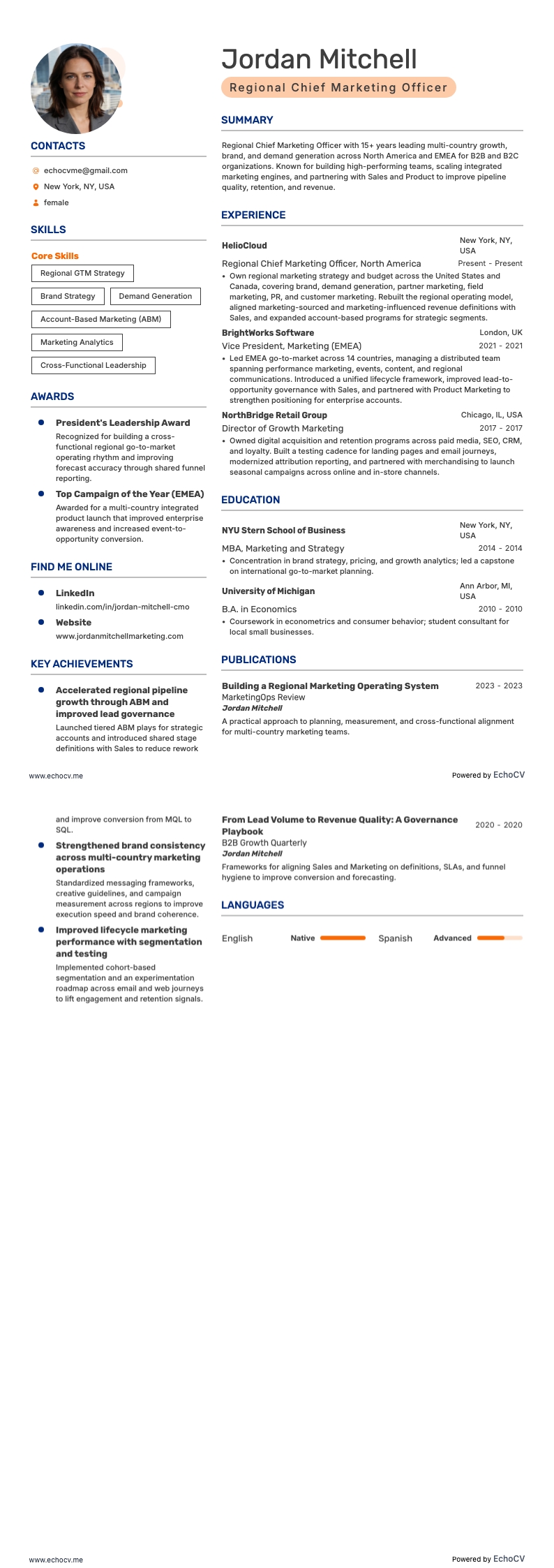 Directeur marketing régional example resume