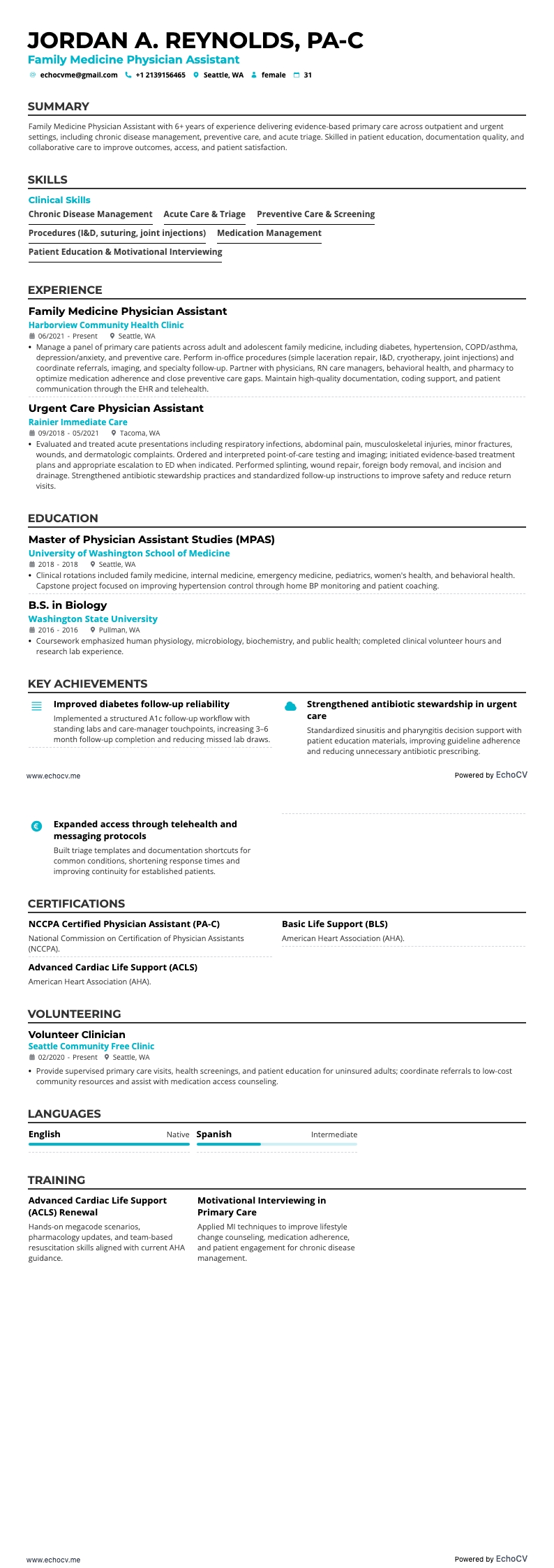 Assistant médical en médecine familiale example resume
