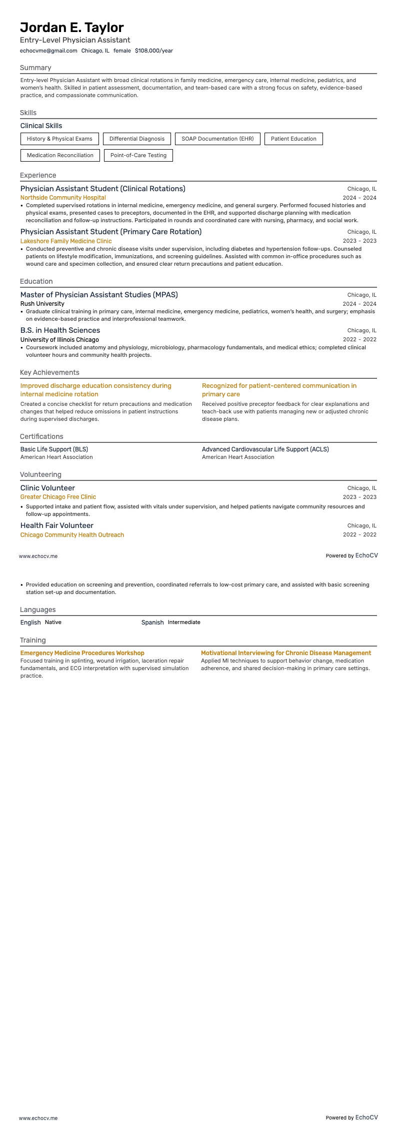 Assistant médical débutant resume example
