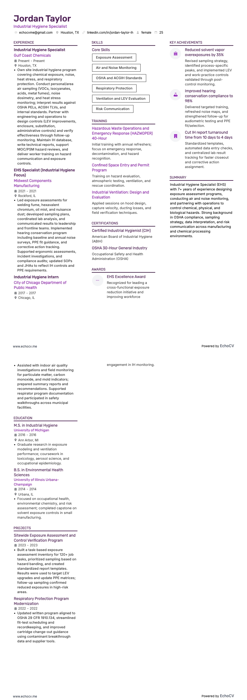 Spécialiste EHS resume example