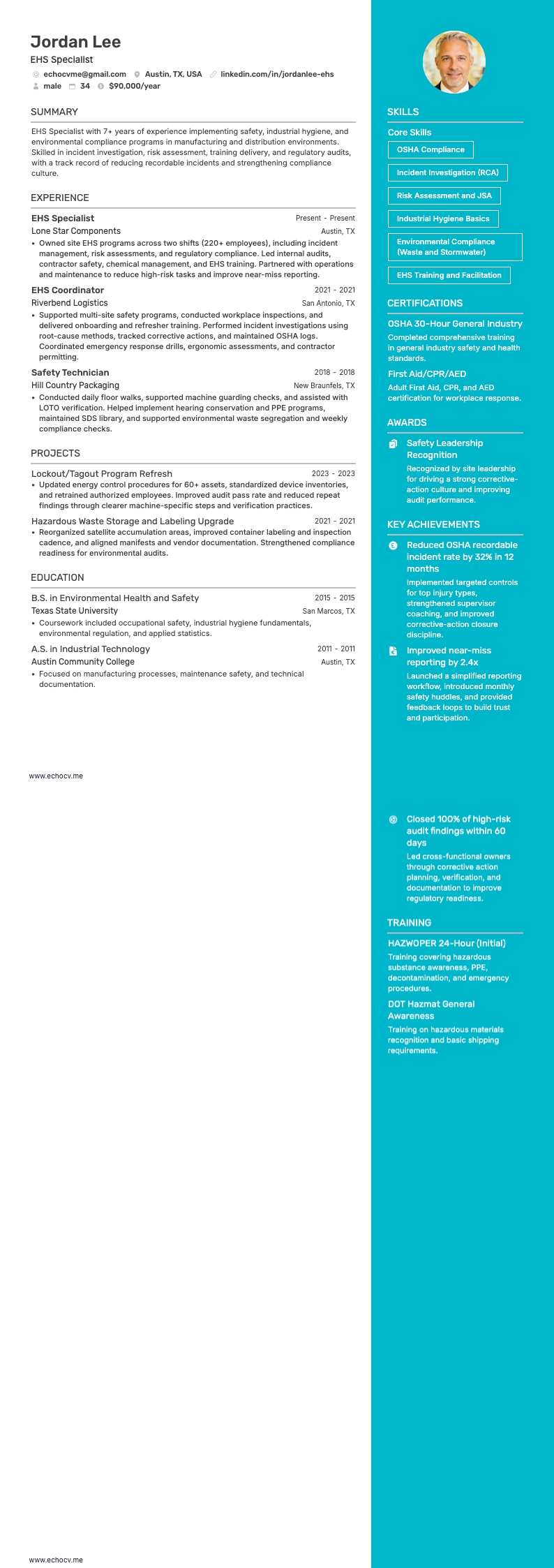 Spécialiste EHS example resume