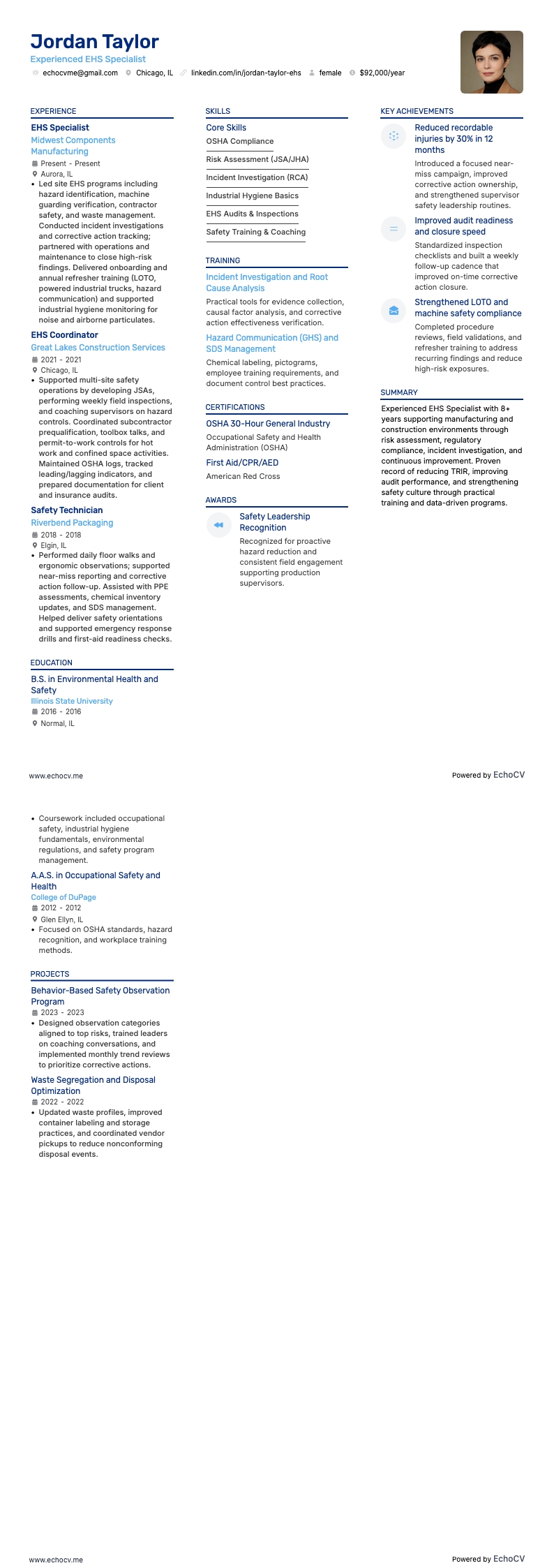 Spécialiste EHS expérimenté example resume