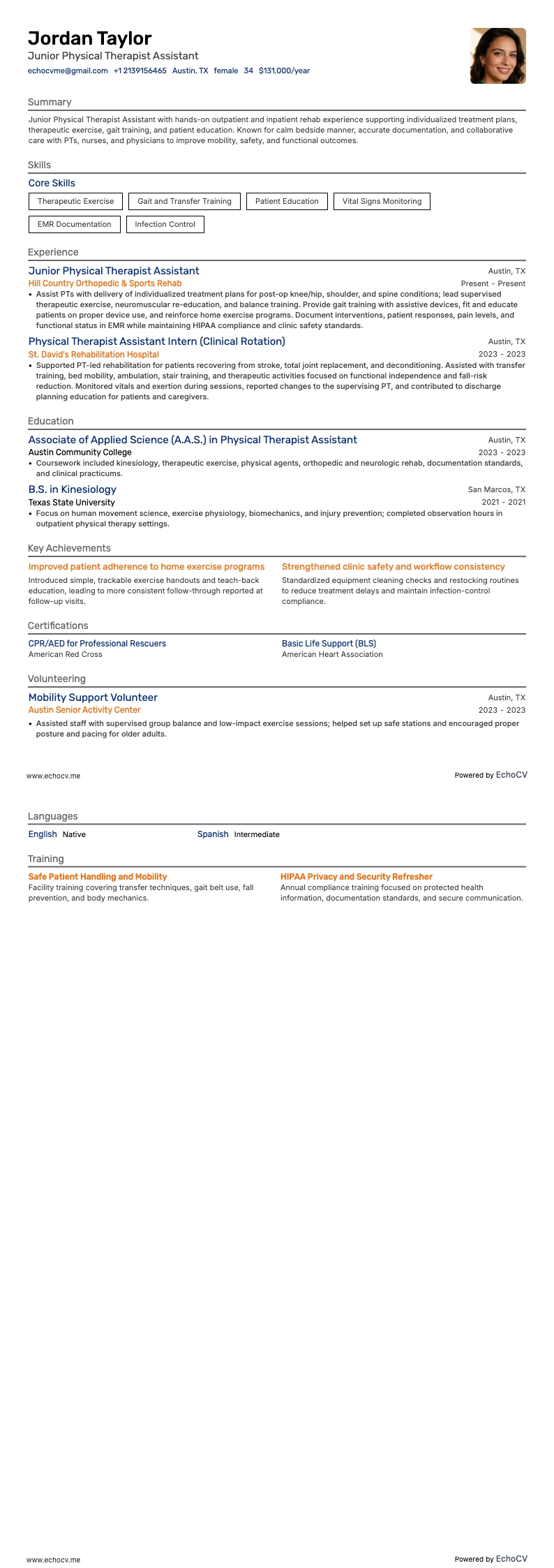 Assistente de fisioterapia resume example