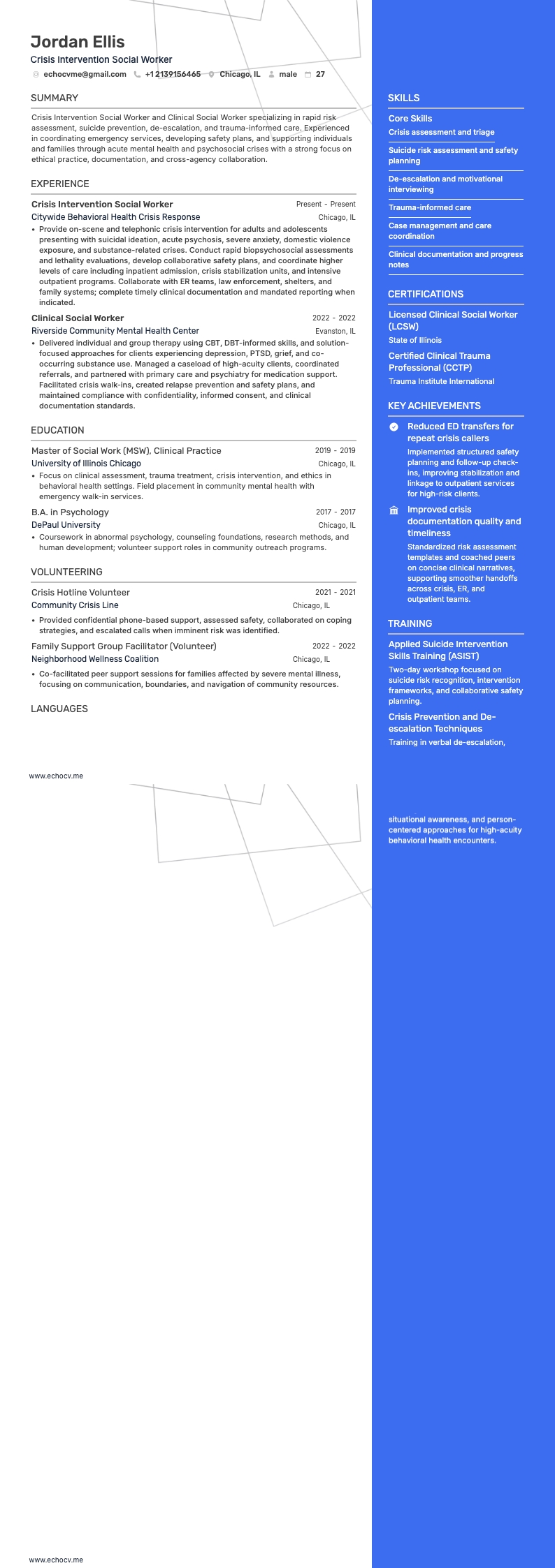 Travailleur social en intervention de crise example resume