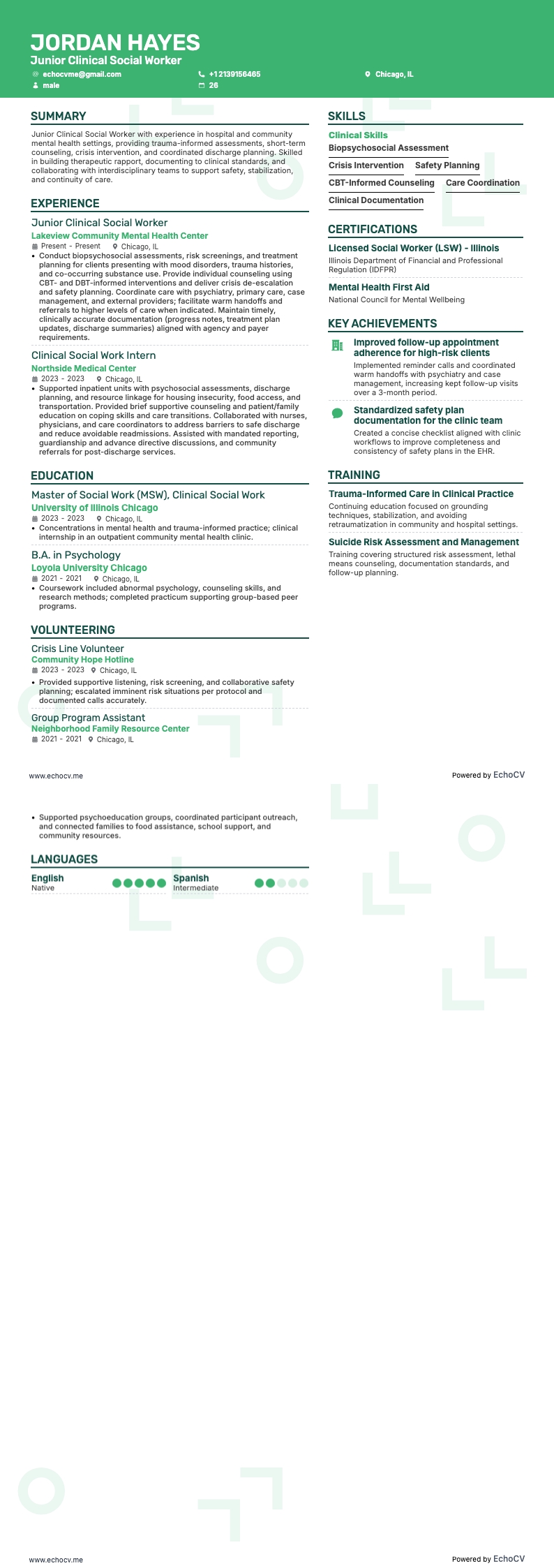 Assistant de service social clinique junior example resume