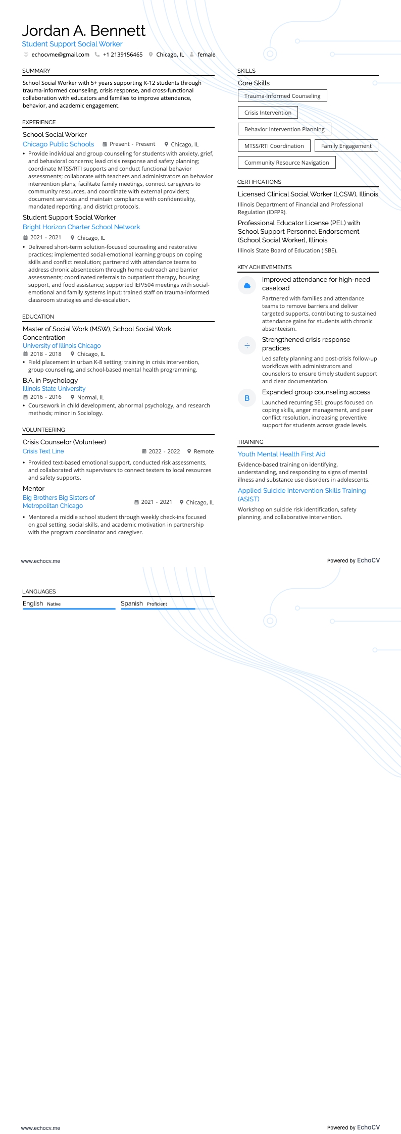 Student Support Social Worker example resume