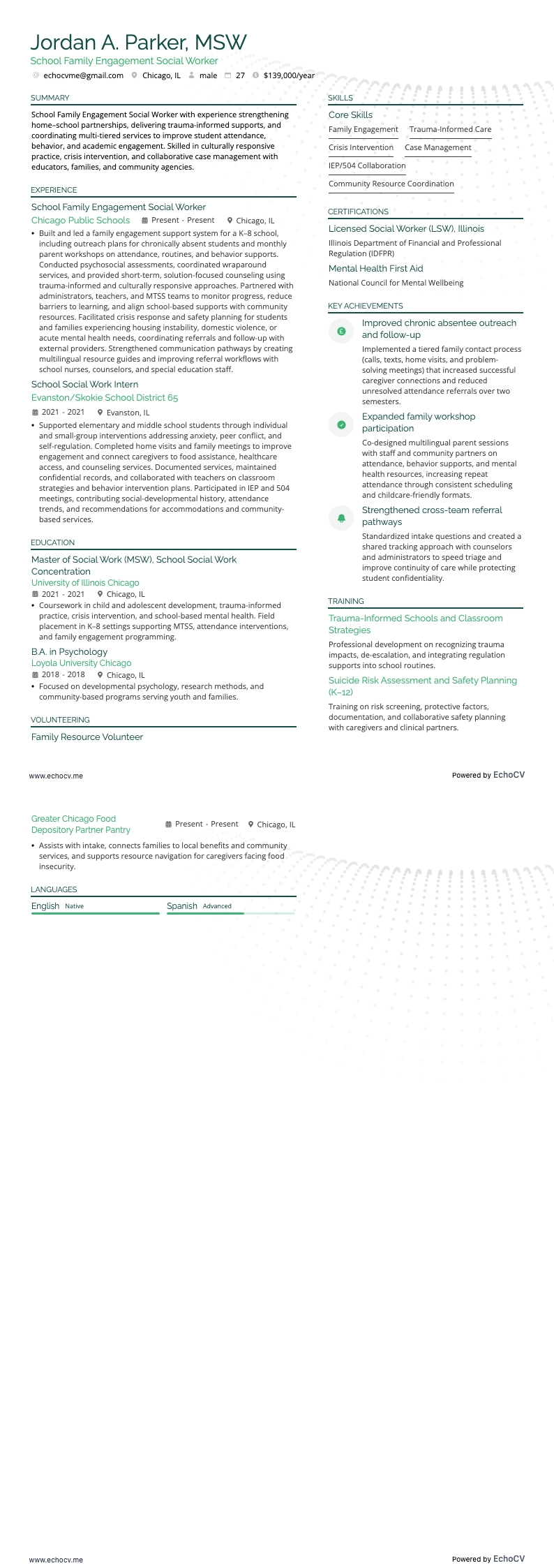 School Family Engagement Social Worker example resume