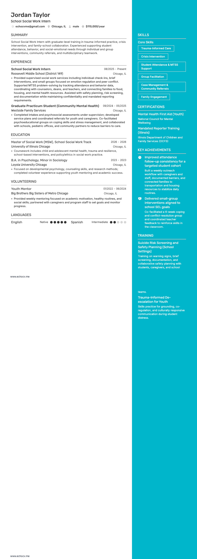 School Social Work Intern example resume