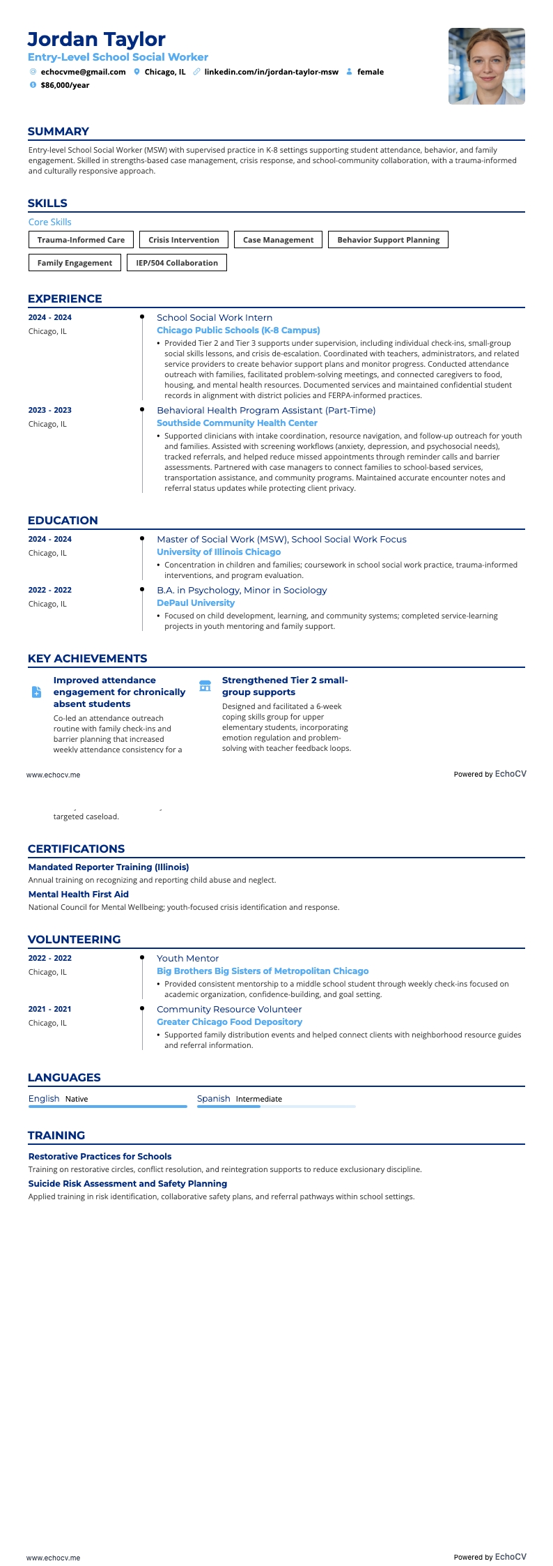 Entry-Level School Social Worker example resume