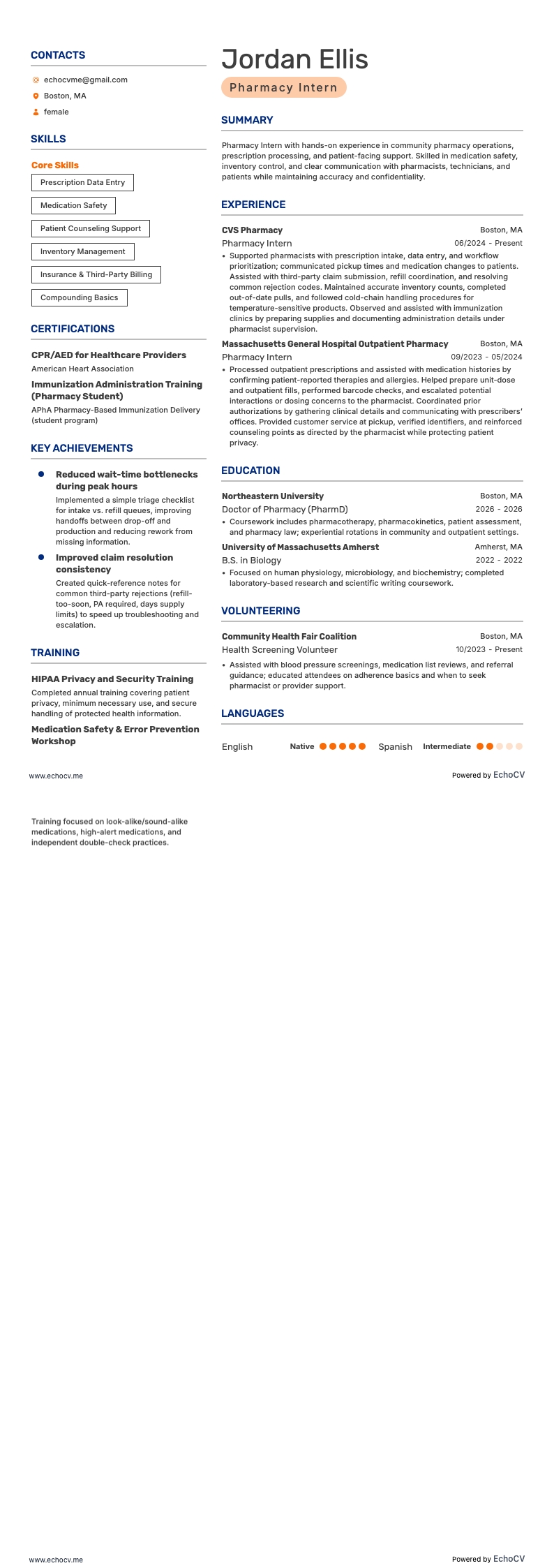 Thực tập sinh dược example resume