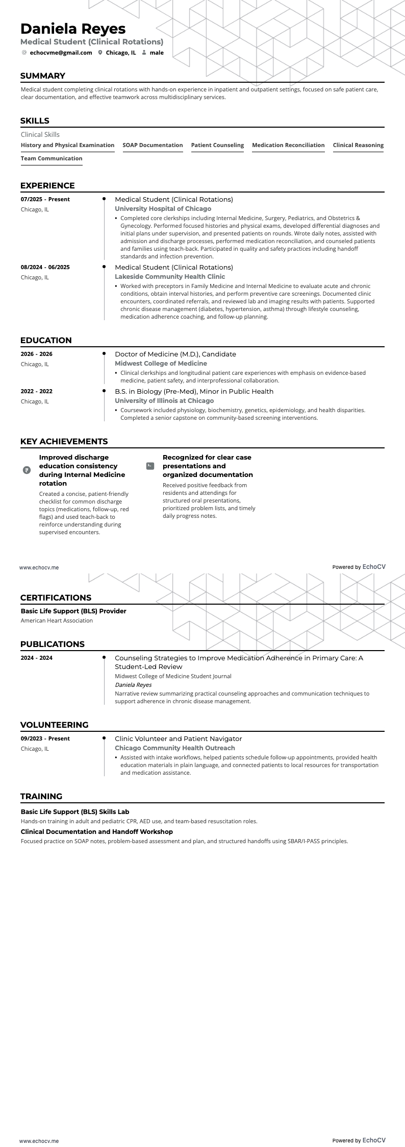 Étudiant en médecine (Stages cliniques) example resume