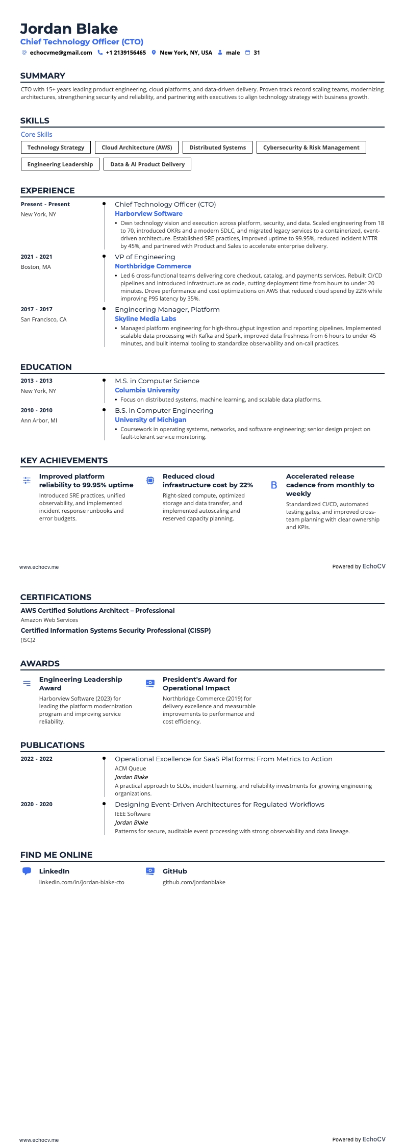 CTO example resume