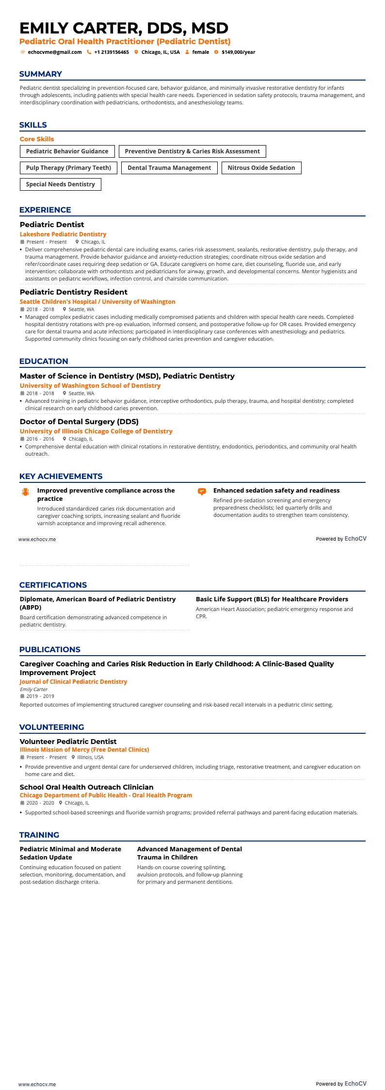 Pediatric Oral Health Practitioner example resume