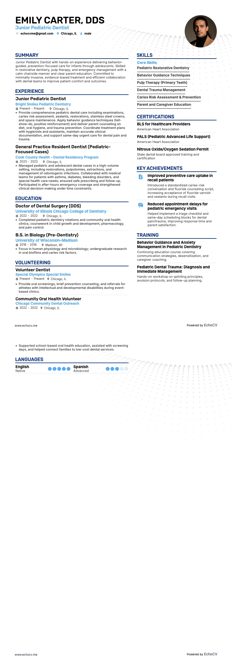 Junior Pediatric Dentist example resume