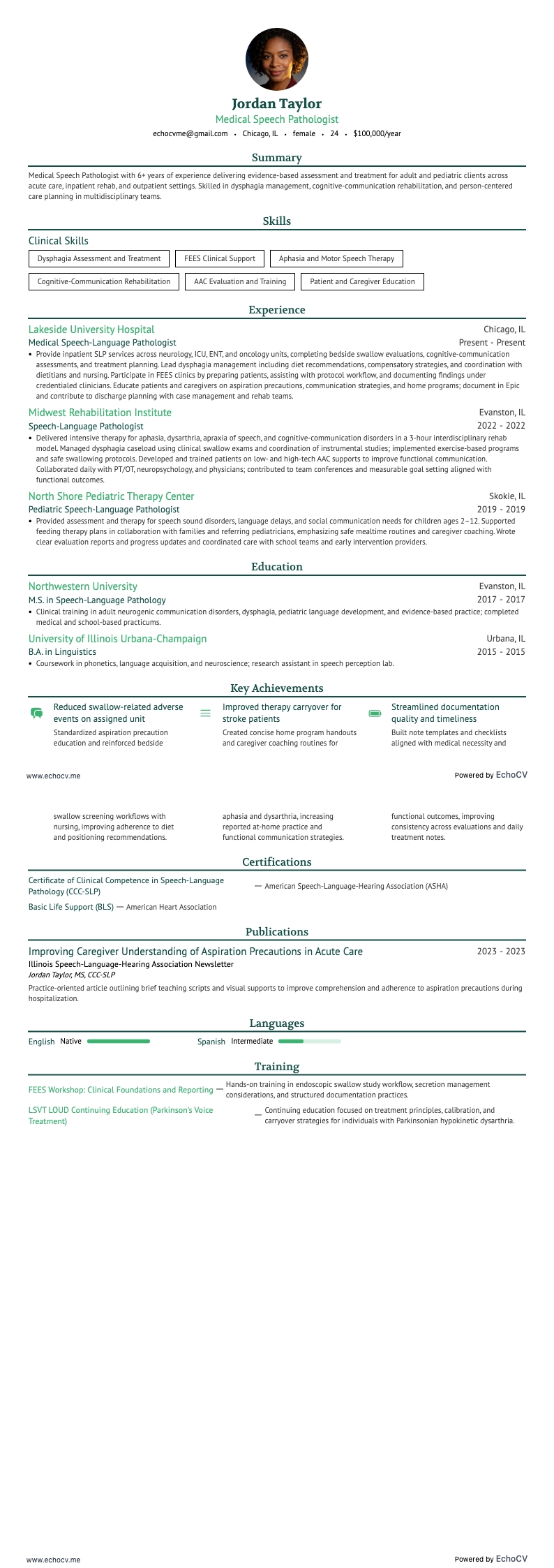 Medical Speech Pathologist example resume