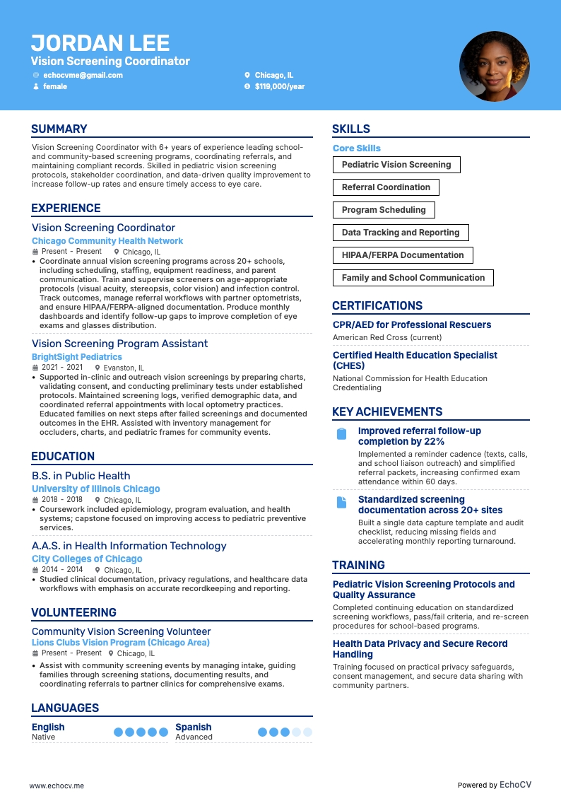 Vision Screening Coordinator example resume