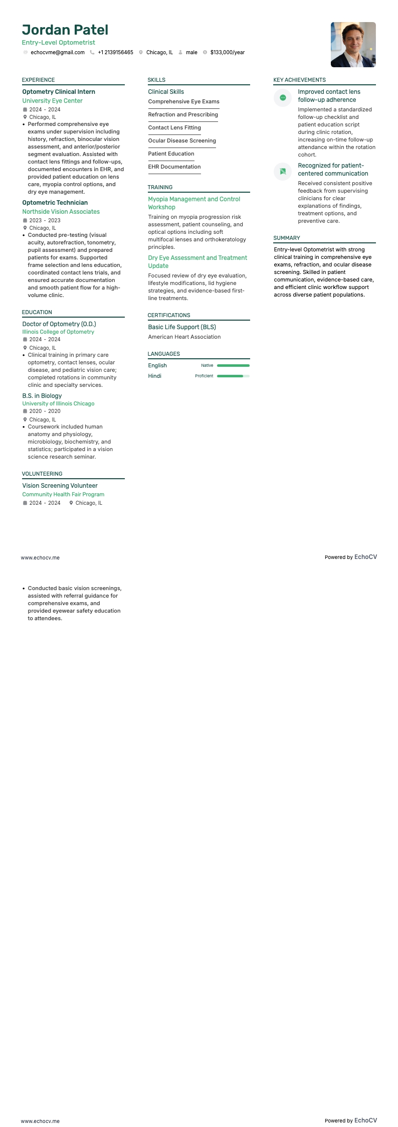 Entry-Level Optometrist example resume