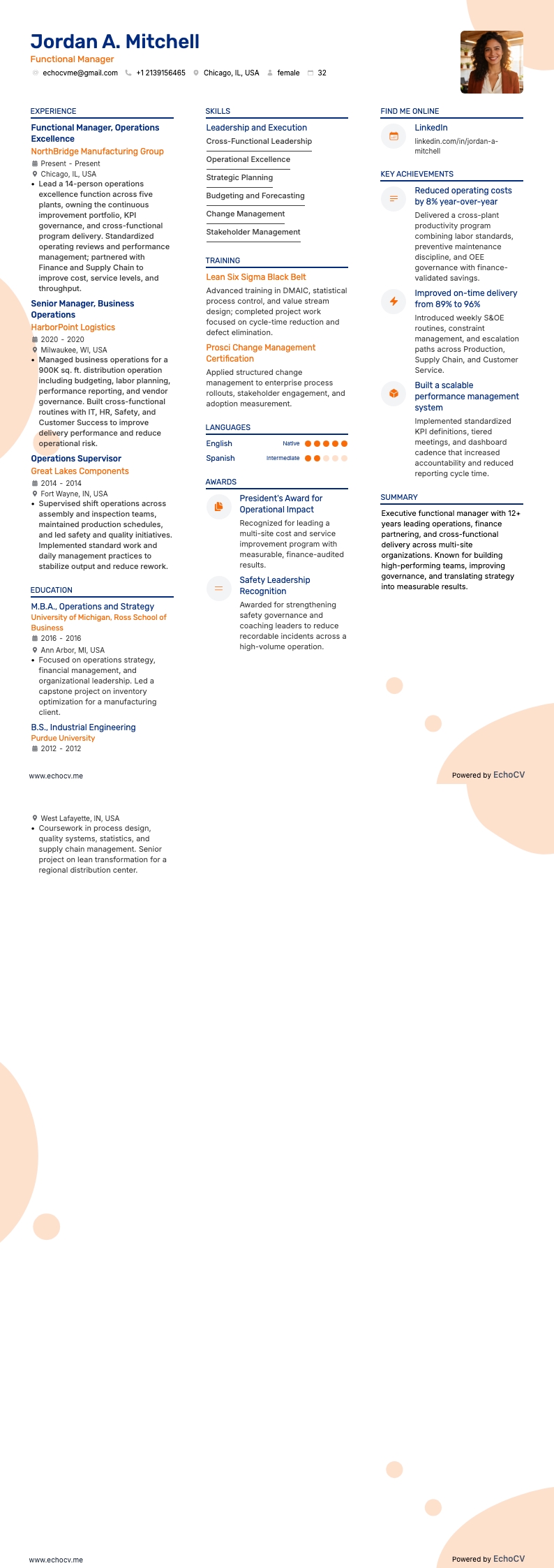 기능 관리자 example resume