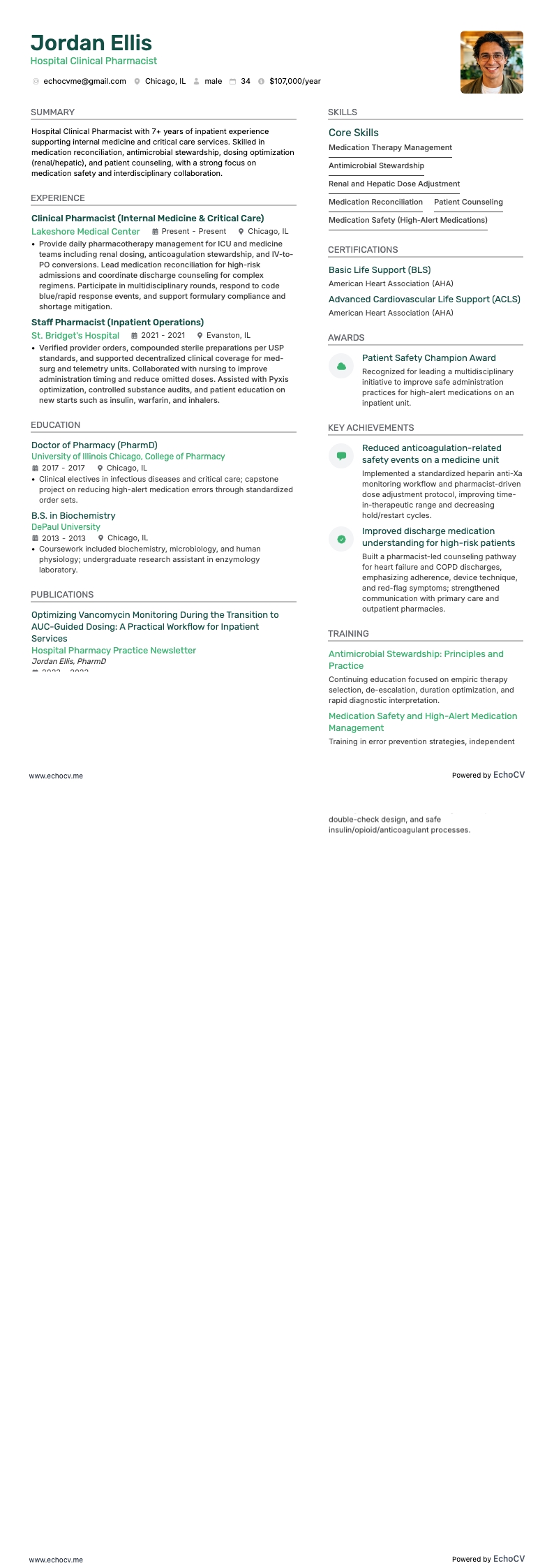 Hospital Clinical Pharmacist example resume