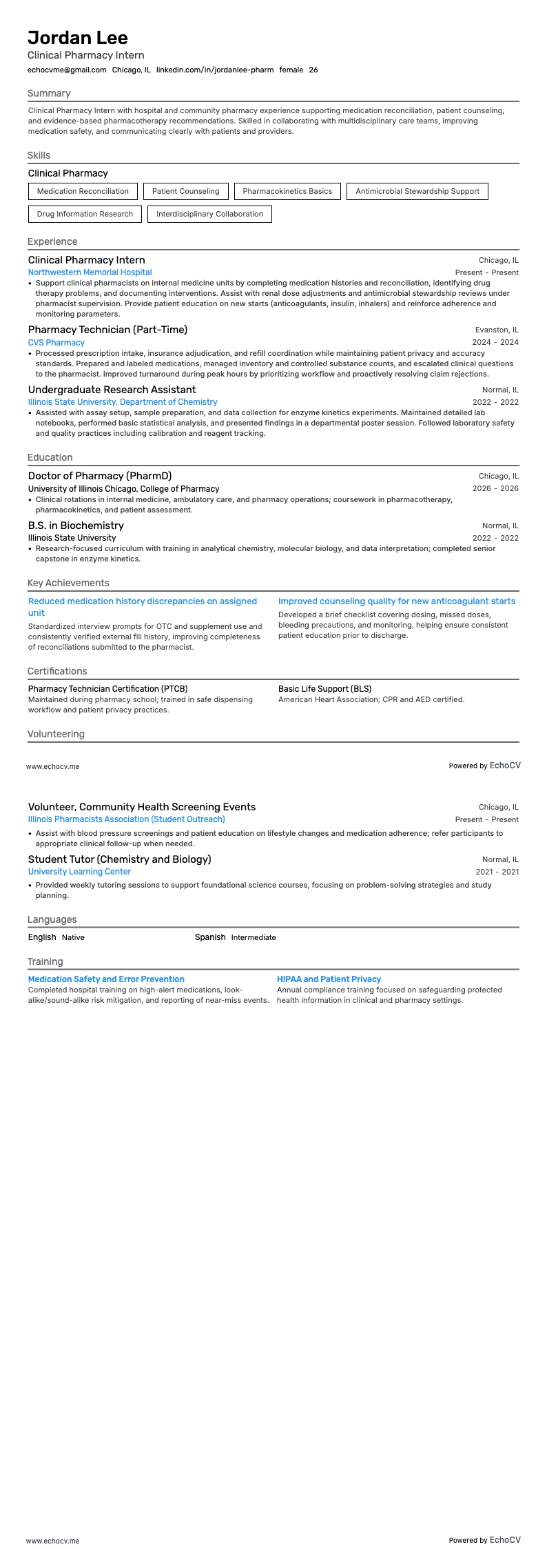 Clinical Pharmacy Intern example resume