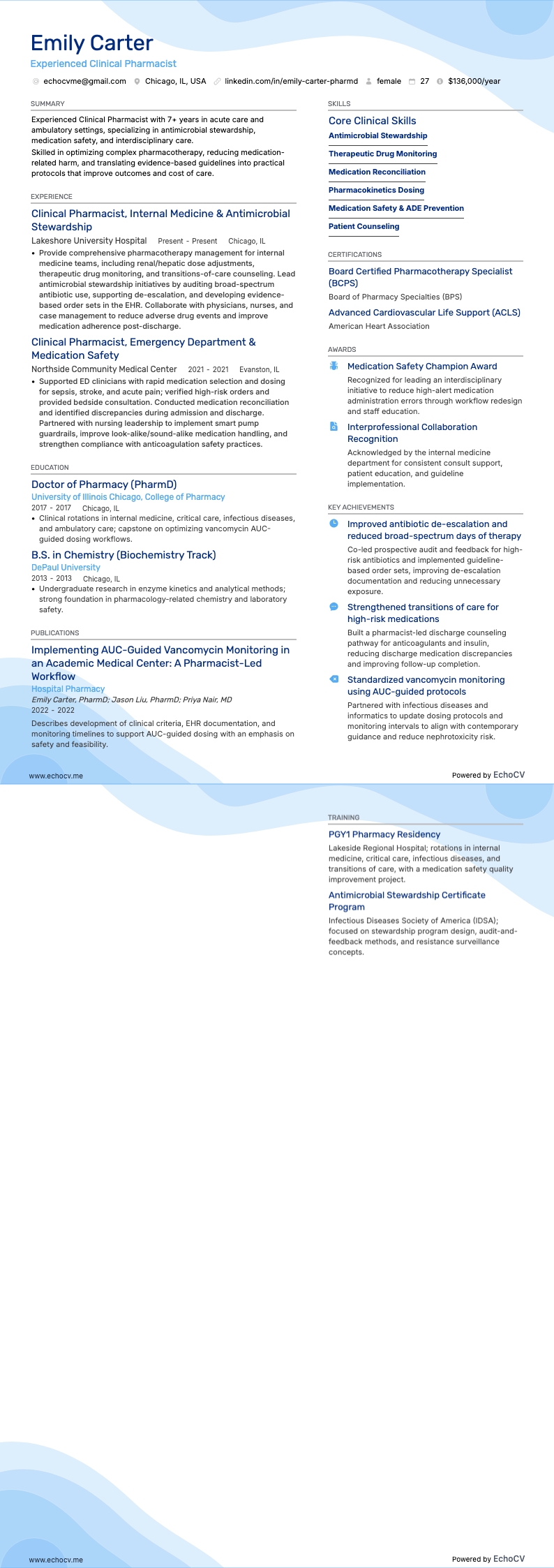 Experienced Clinical Pharmacist example resume