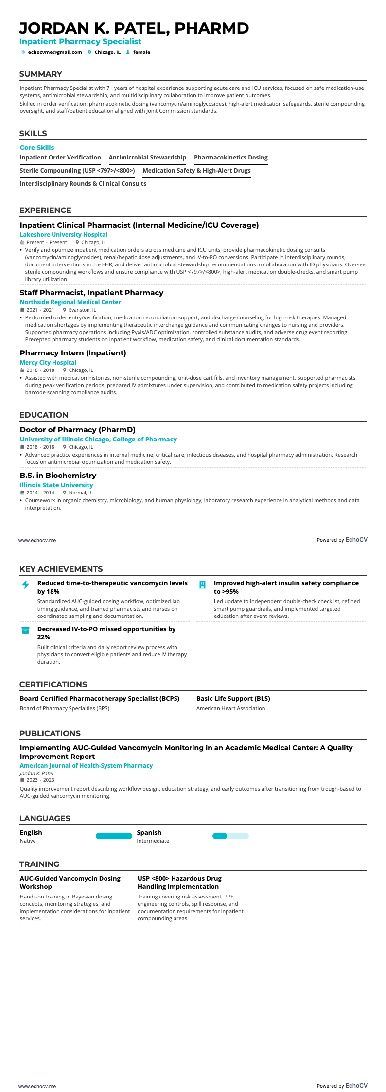 Inpatient Pharmacy Specialist example resume