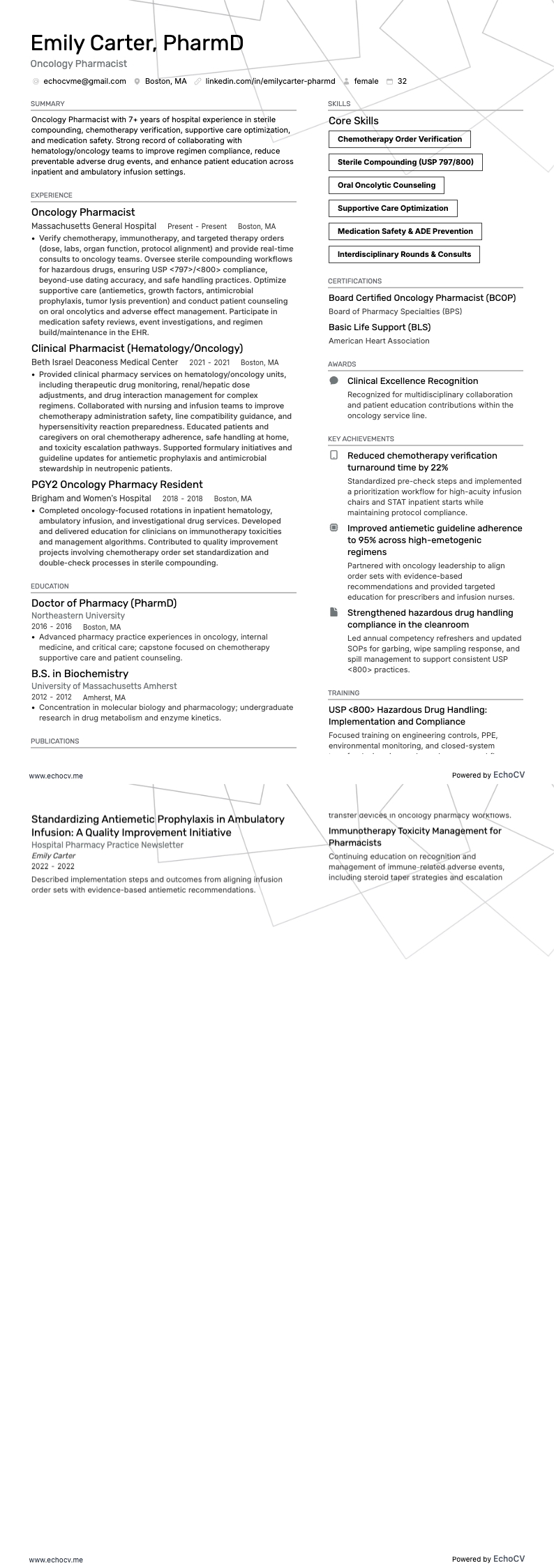 Oncology Pharmacist example resume
