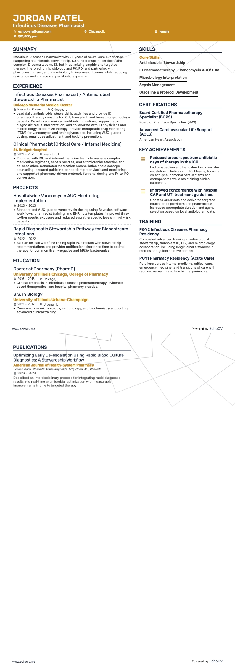 Infectious Diseases Pharmacist example resume