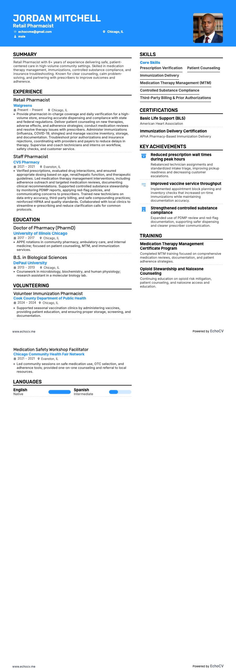 Retail Pharmacist example resume