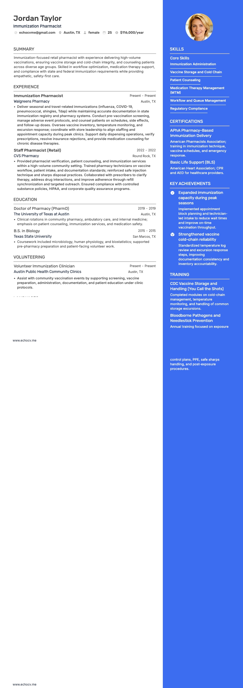 Immunization Pharmacist example resume