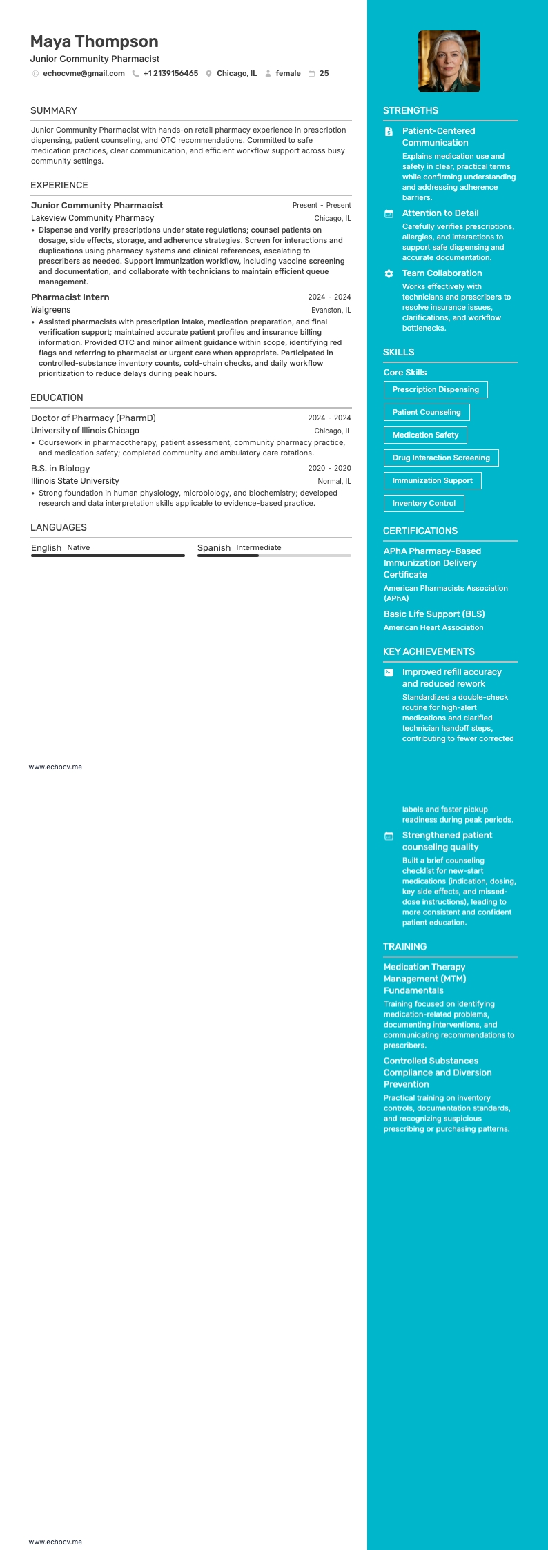 Junior Community Pharmacist example resume