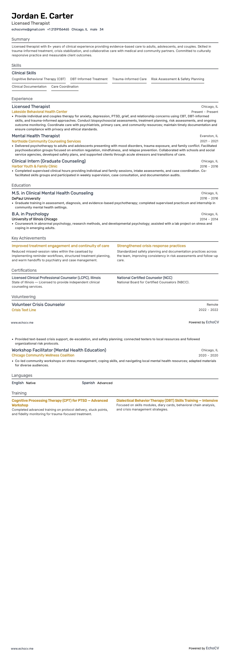 Thérapeute agréé example resume