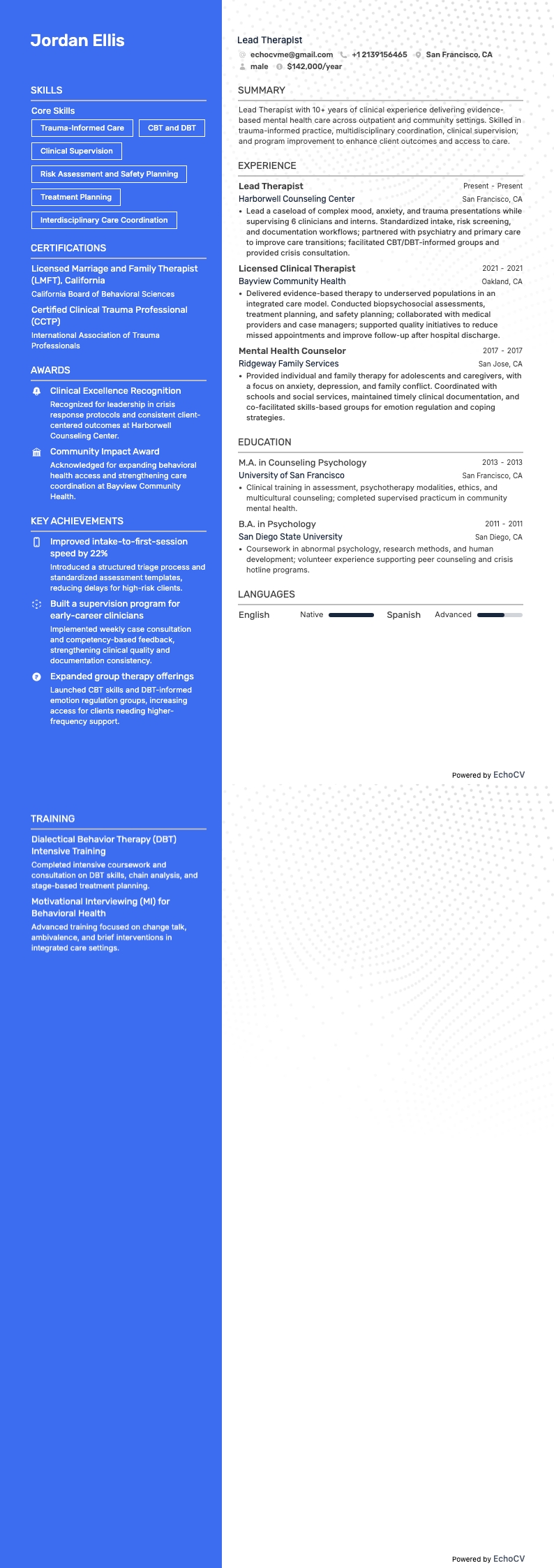 Thérapeute principal example resume