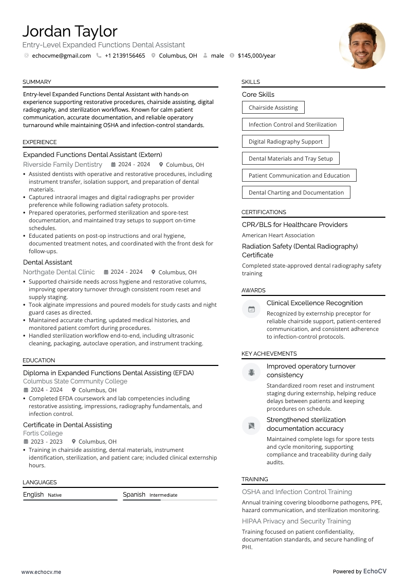 Entry-Level Expanded Functions Dental Assistant example resume